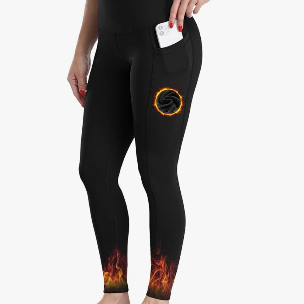 women fleece lined leggings with pockets winter warm thermal thick high waisted
